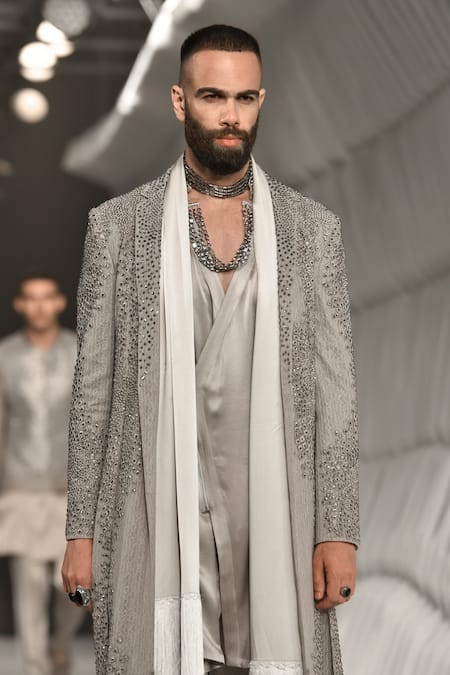 Rohit Gandhi + Rahul Khanna_Grey Tulle Embroidery Cosmati Long Jacket _Online_at_Aza_Fashions