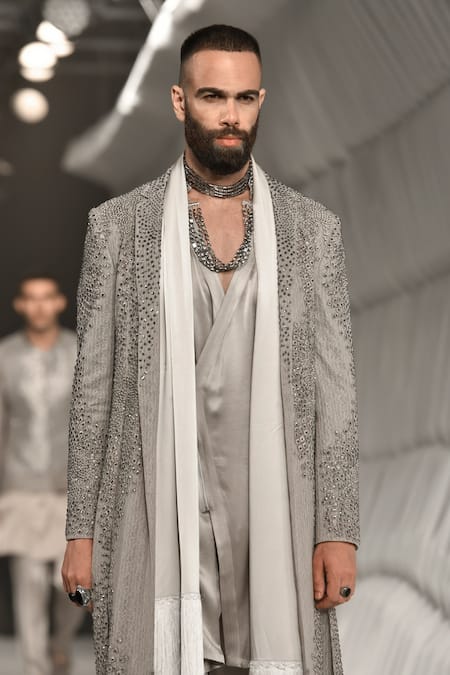 Buy_Rohit Gandhi + Rahul Khanna_Grey Satin Embroidery Cosmati Wrap Around Kurta _Online_at_Aza_Fashions
