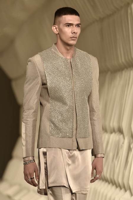 Rohit Gandhi + Rahul Khanna_Grey Satin Louvers Wrap Around Kurta _Online_at_Aza_Fashions