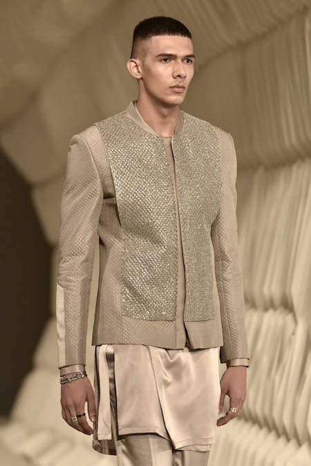 Rohit Gandhi + Rahul Khanna_Grey Silk Embroidery Louvers Jacket _Online_at_Aza_Fashions