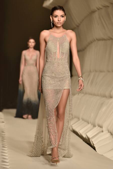 Buy_Rohit Gandhi + Rahul Khanna_Blue Tulle, Net Pearls, Crystals Halter Neck Starly Gown _Online_at_Aza_Fashions