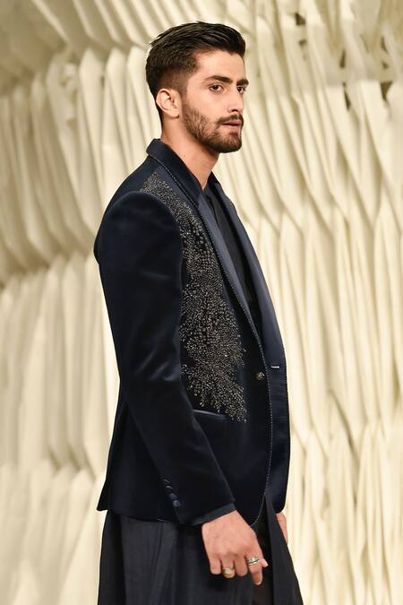 Buy_Rohit Gandhi + Rahul Khanna_Blue Velvet Crystals Andrea Tuxedo _Online_at_Aza_Fashions