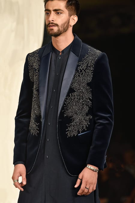 Shop_Rohit Gandhi + Rahul Khanna_Blue Velvet Crystals Andrea Tuxedo _Online_at_Aza_Fashions