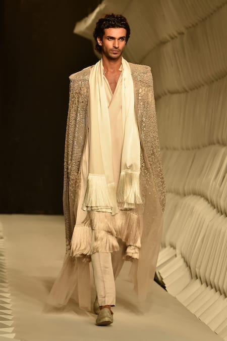 Rohit Gandhi + Rahul Khanna_Beige Satin Solid Straight Fit Trouser _Online_at_Aza_Fashions