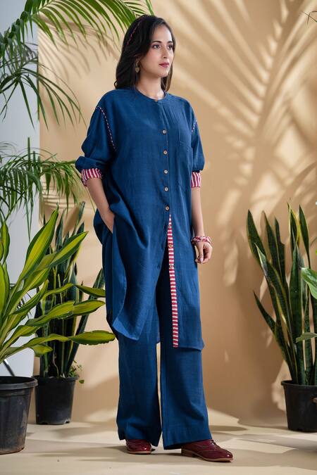 Buy_Pants And Pajamas_Blue Cotton Bandeau Neck Neel Kamal Shirt Tunic And Straight Pant Set_Online_at_Aza_Fashions