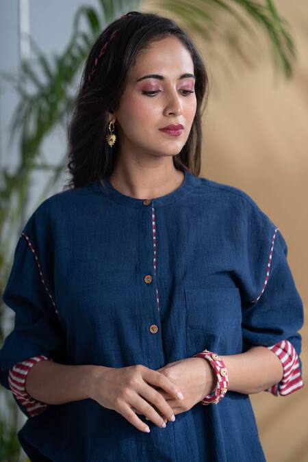 Shop_Pants And Pajamas_Blue Cotton Bandeau Neck Neel Kamal Shirt Tunic And Straight Pant Set_Online_at_Aza_Fashions