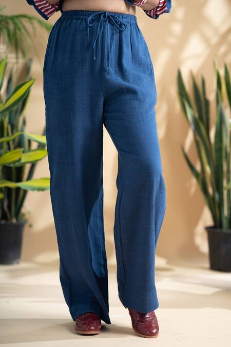 Pants And Pajamas_Blue Cotton Bandeau Neck Neel Kamal Shirt Tunic And Straight Pant Set_at_Aza_Fashions