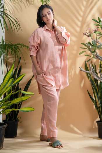 Buy_Pants And Pajamas_Pink Cotton Embroidery Collared Gulaab Shirt Tunic And Straight Pant Set_Online_at_Aza_Fashions