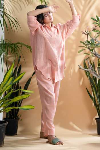 Shop_Pants And Pajamas_Pink Cotton Embroidery Collared Gulaab Shirt Tunic And Straight Pant Set_Online_at_Aza_Fashions