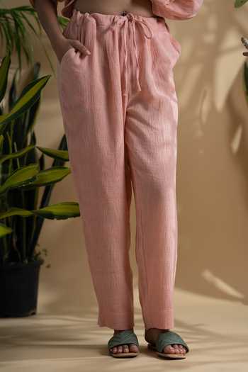 Pants And Pajamas_Pink Cotton Embroidery Collared Gulaab Shirt Tunic And Straight Pant Set_at_Aza_Fashions