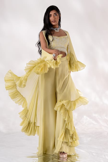 PIRI INDIA_Green Chanderi, Georgette, Cotton Cut Work, Anaida Ruffle Cape And Palazzo Set _Online_at_Aza_Fashions