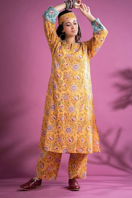 Buy Pants And Pajamas Yellow Cotton, Chanderi Embroidery Kyrah Floral Block Print Kurta Pant Set Online at Aza Fashions Buy_Pants And Pajamas_Yellow Cotton, Chanderi Embroidery Kyrah Floral Block Print Kurta Pant Set_Online_at_Aza_Fashions