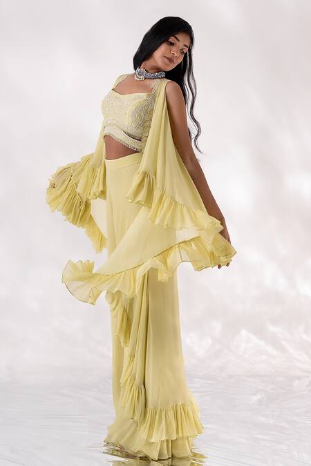 Buy_PIRI INDIA_Green Chanderi, Georgette, Cotton Cut Work, Anaida Ruffle Cape And Palazzo Set _Online_at_Aza_Fashions