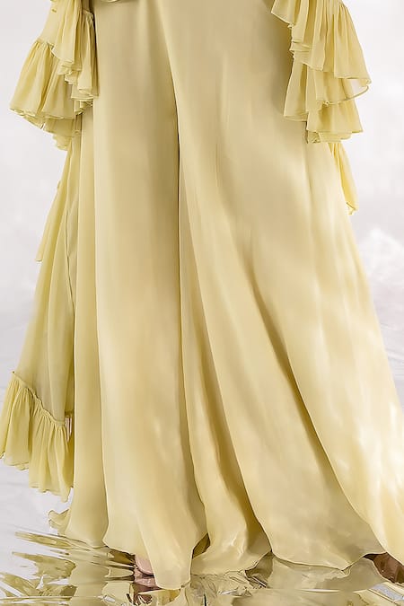 Shop_PIRI INDIA_Green Chanderi, Georgette, Cotton Cut Work, Anaida Ruffle Cape And Palazzo Set _Online_at_Aza_Fashions