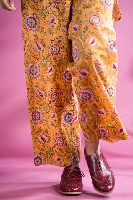 Pants And Pajamas Yellow Cotton, Chanderi Embroidery Kyrah Floral Block Print Kurta Pant Set at Aza Fashions Pants And Pajamas_Yellow Cotton, Chanderi Embroidery Kyrah Floral Block Print Kurta Pant Set_at_Aza_Fashions