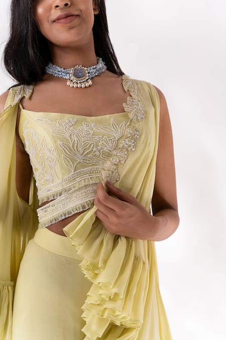 PIRI INDIA_Green Chanderi, Georgette, Cotton Cut Work, Anaida Ruffle Cape And Palazzo Set _at_Aza_Fashions