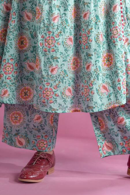Buy_Pants And Pajamas_Blue Cotton Embroidery Round Neck Serena Block Print Kurta And Pant Set_Online_at_Aza_Fashions