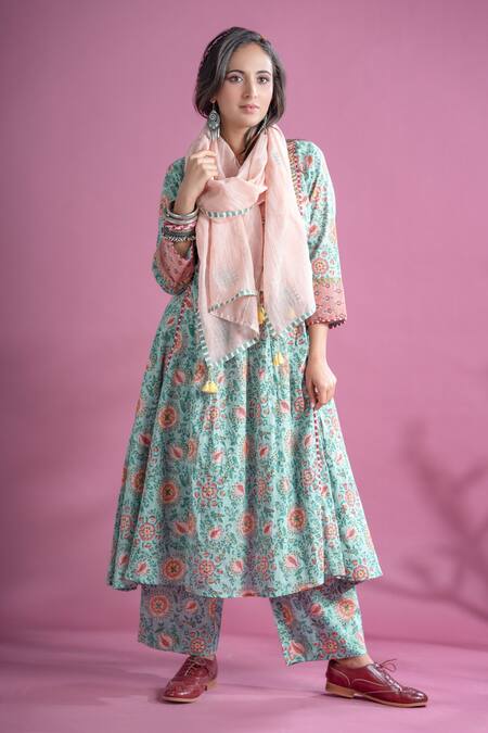 Shop_Pants And Pajamas_Blue Cotton Embroidery Round Neck Serena Block Print Kurta And Pant Set_Online_at_Aza_Fashions