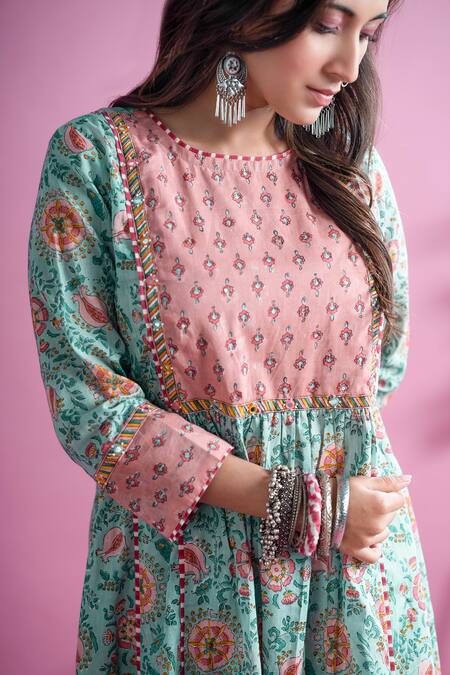 Pants And Pajamas_Blue Cotton Embroidery Round Neck Serena Block Print Kurta And Pant Set_at_Aza_Fashions