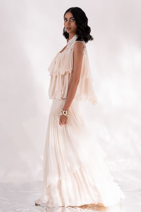 PIRI INDIA Ivory Organza, Georgette Sequins, Crystals Hiya Ruffled Layered Cape Palazzo Set Online at Aza Fashions PIRI INDIA_Ivory Organza, Georgette Sequins, Crystals Hiya Ruffled Layered Cape Palazzo Set _Online_at_Aza_Fashions