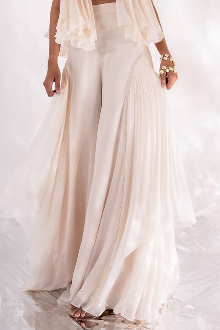 PIRI INDIA Ivory Organza, Georgette Sequins, Crystals Hiya Ruffled Layered Cape Palazzo Set at Aza Fashions PIRI INDIA_Ivory Organza, Georgette Sequins, Crystals Hiya Ruffled Layered Cape Palazzo Set _at_Aza_Fashions