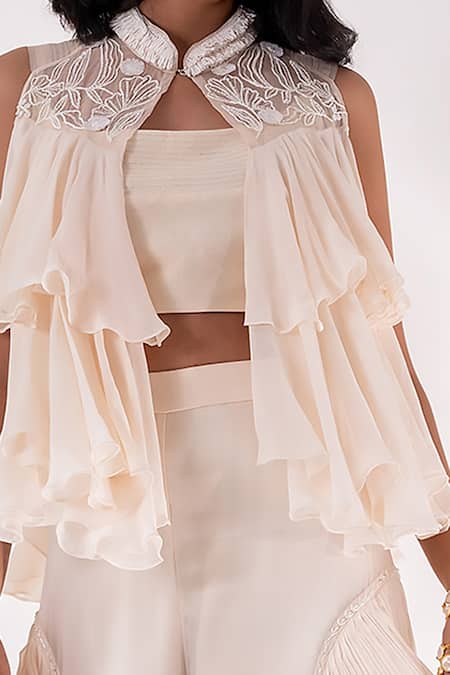 Buy PIRI INDIA Ivory Organza, Georgette Sequins, Crystals Hiya Ruffled Layered Cape Palazzo Set Buy_PIRI INDIA_Ivory Organza, Georgette Sequins, Crystals Hiya Ruffled Layered Cape Palazzo Set