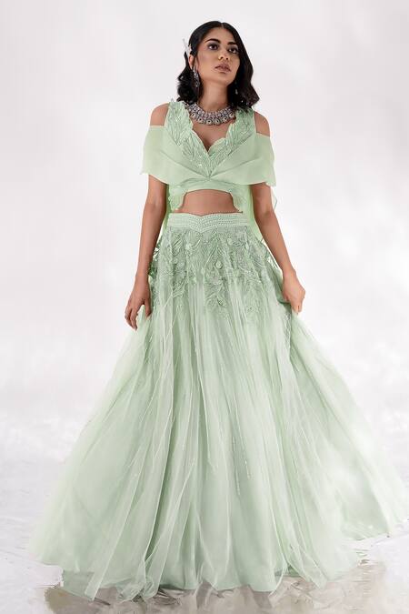 PIRI INDIA Green Organza, Georgette Neena Floral Applique Lehenga With Cold Shoulder Blouse Online at Aza Fashions PIRI INDIA_Green Organza, Georgette Neena Floral Applique Lehenga With Cold Shoulder Blouse _Online_at_Aza_Fashions