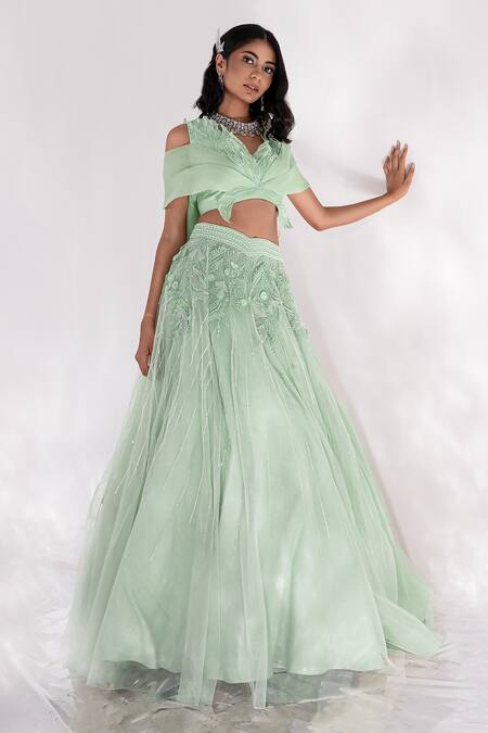 Buy PIRI INDIA Green Organza, Georgette Neena Floral Applique Lehenga With Cold Shoulder Blouse Online at Aza Fashions Buy_PIRI INDIA_Green Organza, Georgette Neena Floral Applique Lehenga With Cold Shoulder Blouse _Online_at_Aza_Fashions