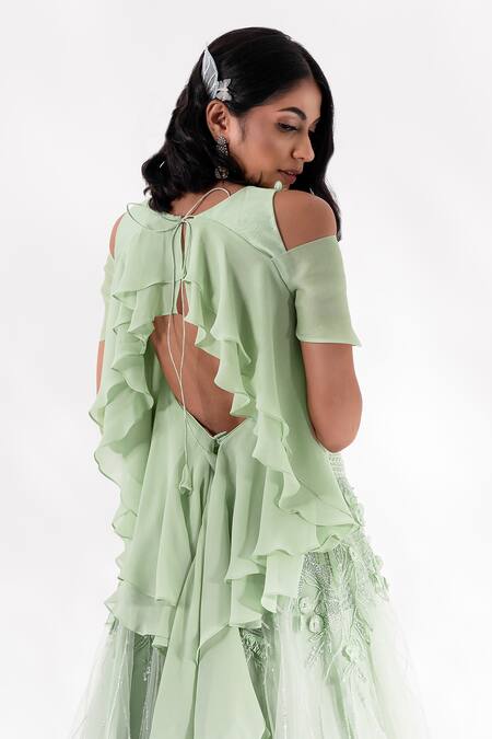PIRI INDIA Green Organza, Georgette Neena Floral Applique Lehenga With Cold Shoulder Blouse at Aza Fashions PIRI INDIA_Green Organza, Georgette Neena Floral Applique Lehenga With Cold Shoulder Blouse _at_Aza_Fashions
