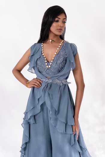 Buy_PIRI INDIA_Blue Chanderi, Georgette, Silk Sequins, Cut Keya Long Ruffle Cape Palazzo Set _Online_at_Aza_Fashions