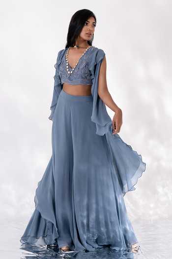 Shop_PIRI INDIA_Blue Chanderi, Georgette, Silk Sequins, Cut Keya Long Ruffle Cape Palazzo Set _Online_at_Aza_Fashions