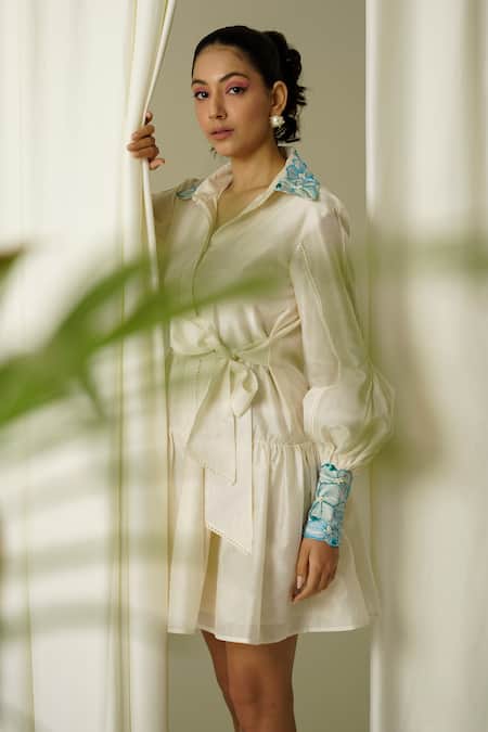 Shop Sakshi Khetterpal Ivory Chanderi Pearls, Beads, Embroidery Collared Lace Work Shirt Dress Online at Aza Fashions Shop_Sakshi Khetterpal_Ivory Chanderi Pearls, Beads, Embroidery Collared Lace Work Shirt Dress _Online_at_Aza_Fashions