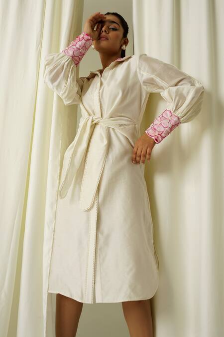 Buy Sakshi Khetterpal Ivory Chanderi Beads, Pearls Collared Sleeve Embroidered Shirt Dress Online at Aza Fashions Buy_Sakshi Khetterpal_Ivory Chanderi Beads, Pearls Collared Sleeve Embroidered Shirt Dress _Online_at_Aza_Fashions