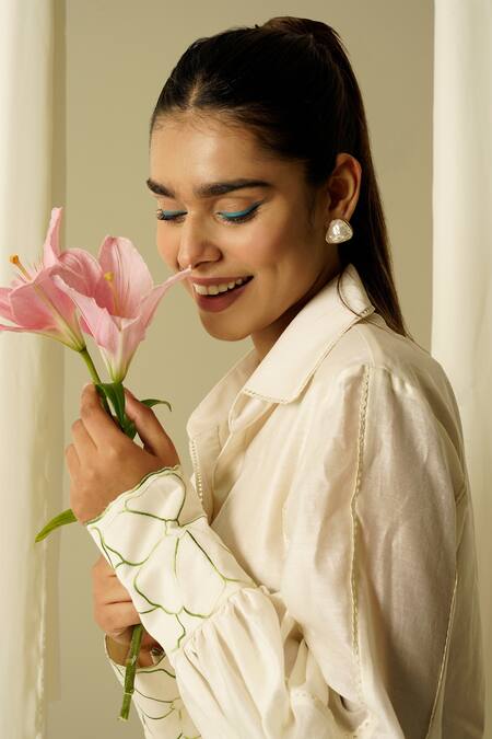 Buy Sakshi Khetterpal Ivory Chanderi Pearls, Beads, Embroidery Collared Hem Shirt Dress Online at Aza Fashions Buy_Sakshi Khetterpal_Ivory Chanderi Pearls, Beads, Embroidery Collared Hem Shirt Dress _Online_at_Aza_Fashions