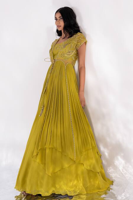 PIRI INDIA Green Organza, Chanderi, Georgette Aliana Godet Yoke Jacket Skirt Set Online at Aza Fashions PIRI INDIA_Green Organza, Chanderi, Georgette Aliana Godet Yoke Jacket Skirt Set _Online_at_Aza_Fashions