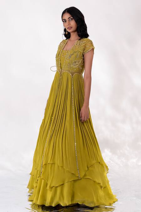 Buy PIRI INDIA Green Organza, Chanderi, Georgette Aliana Godet Yoke Jacket Skirt Set Online at Aza Fashions Buy_PIRI INDIA_Green Organza, Chanderi, Georgette Aliana Godet Yoke Jacket Skirt Set _Online_at_Aza_Fashions