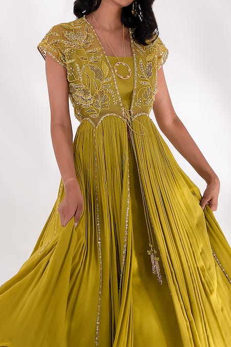 PIRI INDIA Green Organza, Chanderi, Georgette Aliana Godet Yoke Jacket Skirt Set at Aza Fashions PIRI INDIA_Green Organza, Chanderi, Georgette Aliana Godet Yoke Jacket Skirt Set _at_Aza_Fashions