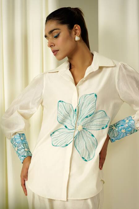 Buy_Sakshi Khetterpal_Ivory Chanderi Pearls, Beads, Embroidery Collared Shirt And Pant Set _Online_at_Aza_Fashions