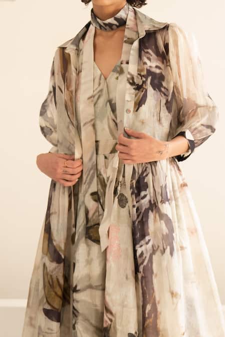 Shop Arcvsh By Pallavi Singh Grey Organza, Linen Collared Scattered Floral Print Jacket With Dress Online at Aza Fashions Shop_Arcvsh By Pallavi Singh_Grey Organza, Linen Collared Scattered Floral Print Jacket With Dress _Online_at_Aza_Fashions