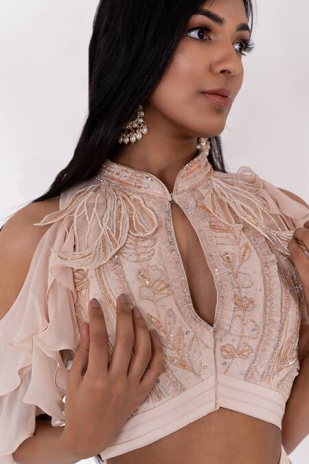 PIRI INDIA_Beige Organza, Georgette Applique, Nirai Embellished Crop Top With Draped Skirt _Online_at_Aza_Fashions