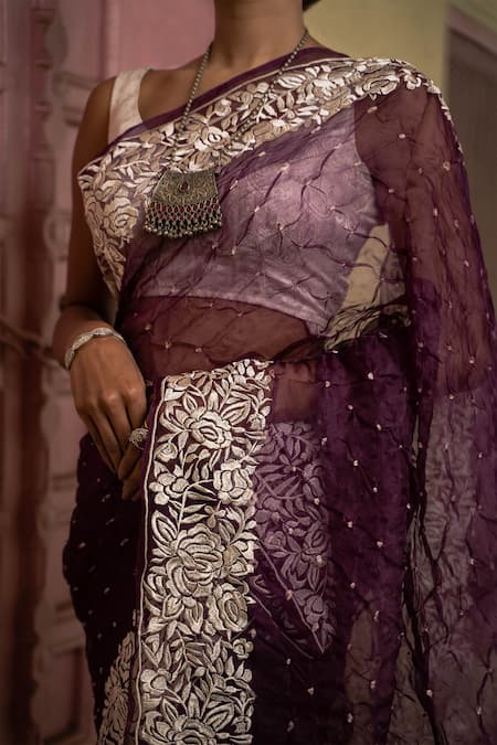Buy_Taba Kashi By Artika Shah_Purple Pure Organza Woven Bandhani Pattern And Parsi Work Border Saree _Online_at_Aza_Fashions