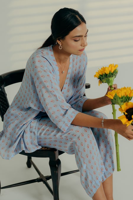 Shop_Aaryaa By Kashveen Kohli_Sky Blue Crepe Open Neck Flower Print Top And Pant Set _Online_at_Aza_Fashions