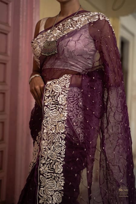 Shop_Taba Kashi By Artika Shah_Purple Pure Organza Woven Bandhani Pattern And Parsi Work Border Saree _Online_at_Aza_Fashions