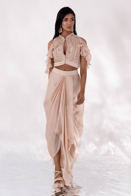 Buy_PIRI INDIA_Beige Organza, Georgette Applique, Nirai Embellished Crop Top With Draped Skirt _Online_at_Aza_Fashions