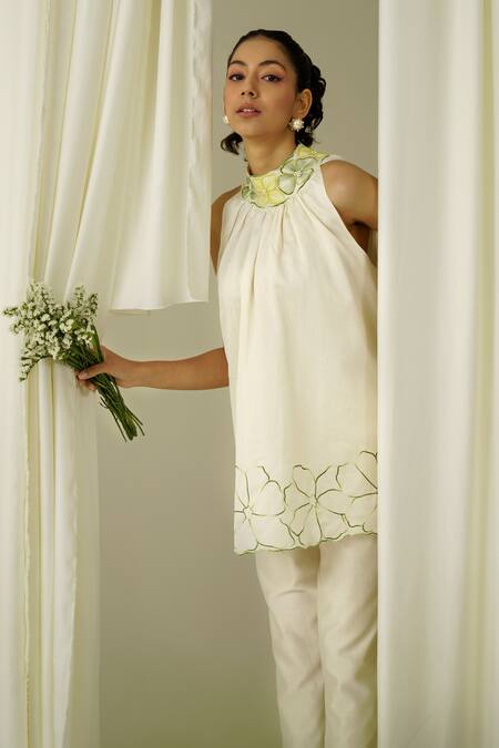 Buy Sakshi Khetterpal Ivory Chanderi Pearls, Beads, Embroidery Halter Neck Top And Pant Set Online at Aza Fashions Buy_Sakshi Khetterpal_Ivory Chanderi Pearls, Beads, Embroidery Halter Neck Top And Pant Set _Online_at_Aza_Fashions