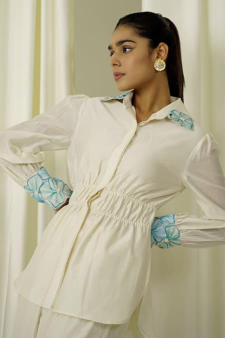 Buy Sakshi Khetterpal Ivory Chanderi Beads, Pearls, Embroidery Front Buttoned Shirt And Pant Set Online at Aza Fashions Buy_Sakshi Khetterpal_Ivory Chanderi Beads, Pearls, Embroidery Front Buttoned Shirt And Pant Set _Online_at_Aza_Fashions