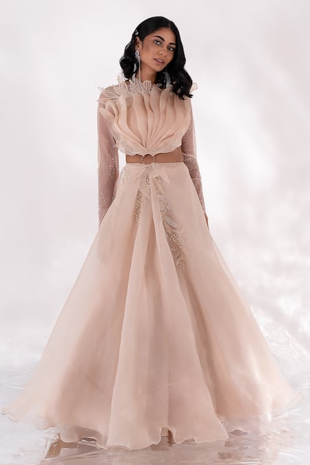 PIRI INDIA Beige Organza, Chanderi, Georgette Sequins Boat Neck Doll Applique Cut-out Gown Online at Aza Fashions PIRI INDIA_Beige Organza, Chanderi, Georgette Sequins Boat Neck Doll Applique Cut-out Gown _Online_at_Aza_Fashions