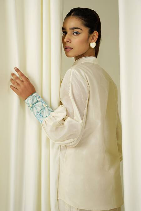 Buy Sakshi Khetterpal Ivory Chanderi Beads, Pearls, Embroidery Collared Shirt And Pant Set Online at Aza Fashions Buy_Sakshi Khetterpal_Ivory Chanderi Beads, Pearls, Embroidery Collared Shirt And Pant Set _Online_at_Aza_Fashions