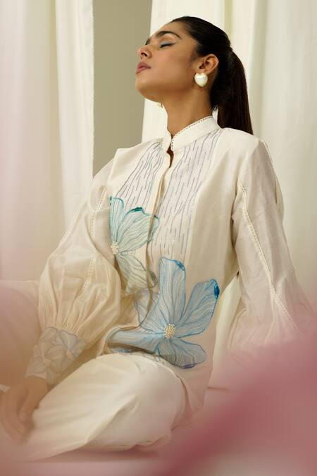 Sakshi Khetterpal Ivory Chanderi Beads, Pearls, Embroidery Collared Shirt And Pant Set at Aza Fashions Sakshi Khetterpal_Ivory Chanderi Beads, Pearls, Embroidery Collared Shirt And Pant Set _at_Aza_Fashions