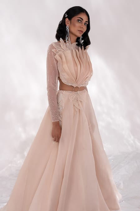 Buy PIRI INDIA Beige Organza, Chanderi, Georgette Sequins Boat Neck Doll Applique Cut-out Gown Online at Aza Fashions Buy_PIRI INDIA_Beige Organza, Chanderi, Georgette Sequins Boat Neck Doll Applique Cut-out Gown _Online_at_Aza_Fashions